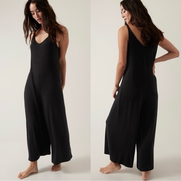 Athleta Pants - Athleta Black Nighttime Bliss Sleep Romper Jumpsuit Lingerie PJ wide leg stretch